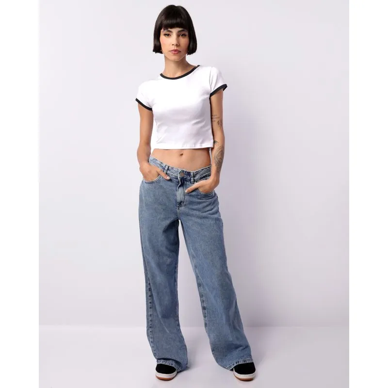 Calça Jeans Feminina Pantalona Com Bolsos Azul 36