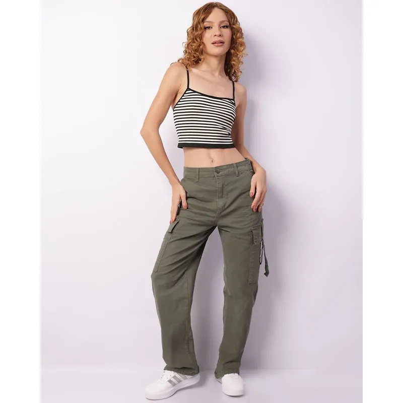 Calça Sarja Feminina Reta Bolsos Cargo Verde 44