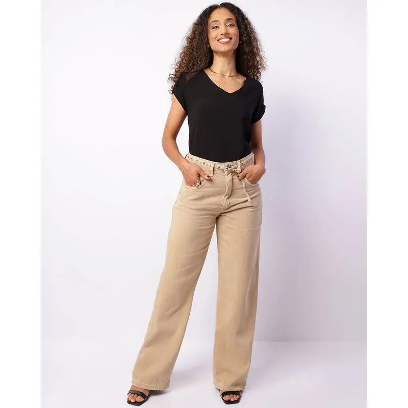 Calça Feminina Sarja Reta Cinto Com Tachas Bege 46