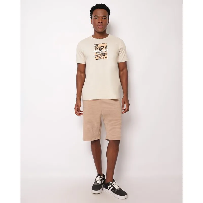 Bermuda Masculina Reta Canelada Bolsos com Zíper Selado Bege P