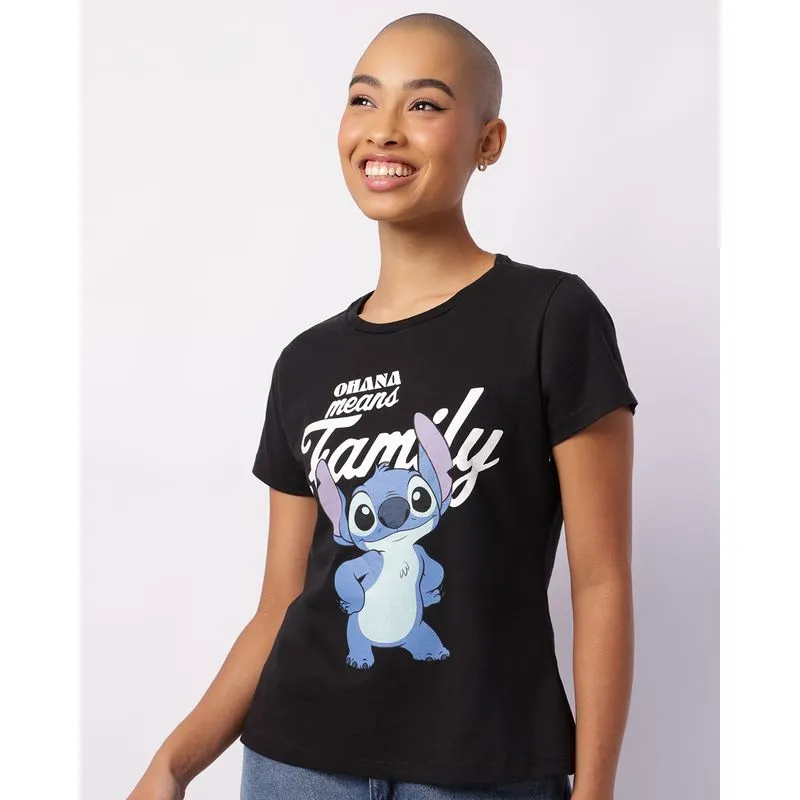 Camiseta Feminina Disney Stitch Manga Curta Preta G