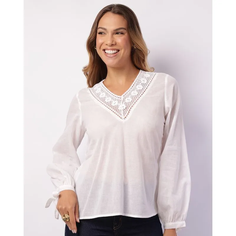 Bata Feminina Algodão Decote V com Renda Branca P