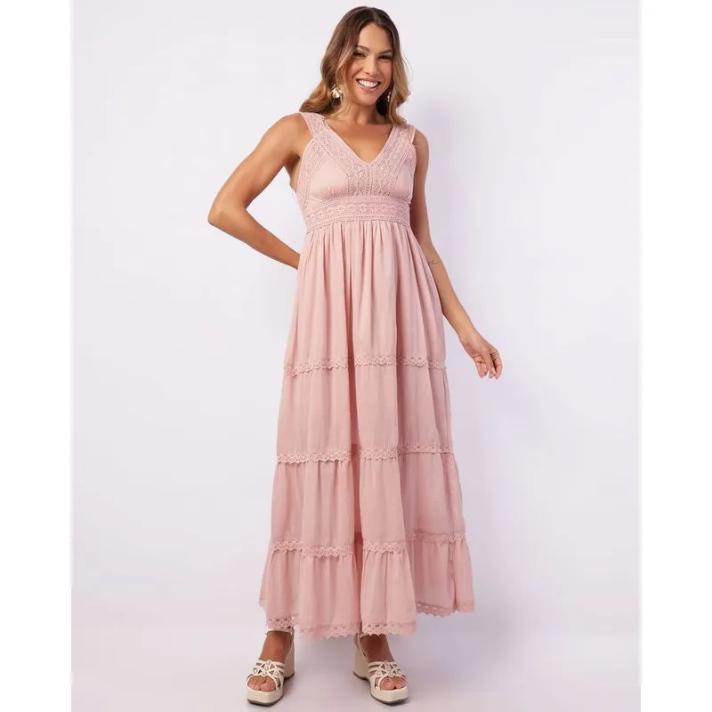 Vestido Feminino Longo Decote V com Renda Rosa GG