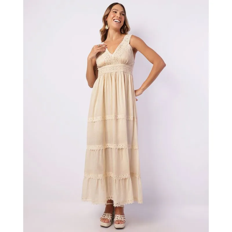 Vestido Feminino Longo Decote V com Renda Bege G