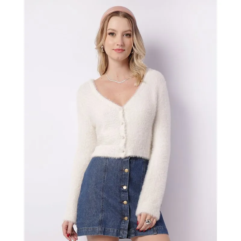 Cardigan Feminino Tricô Cropped Pelinhos Manga Longa Branco P