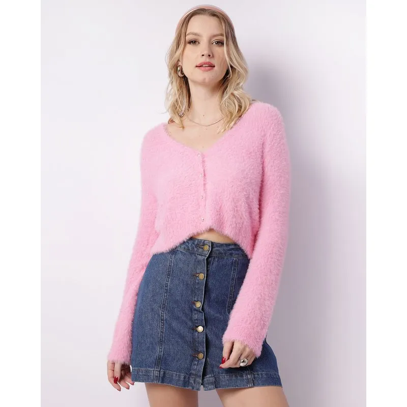 Cardigan Feminino Tricô Cropped Pelinhos Manga Longa Rosa P