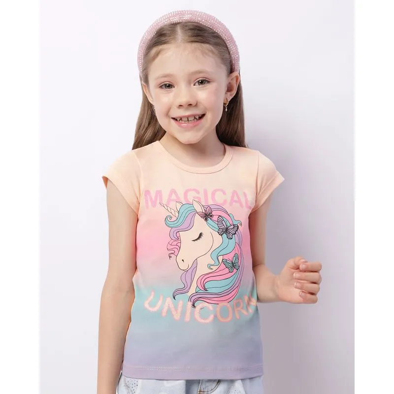 Blusa Infantil Manga Curta Estampa Unicórnio Com Glitter Laranja 4