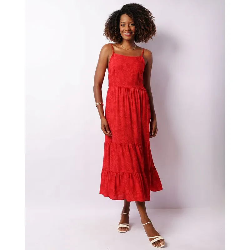 Vestido Feminino Midi Viscose Alcinha Estampa Floral Vermelho P