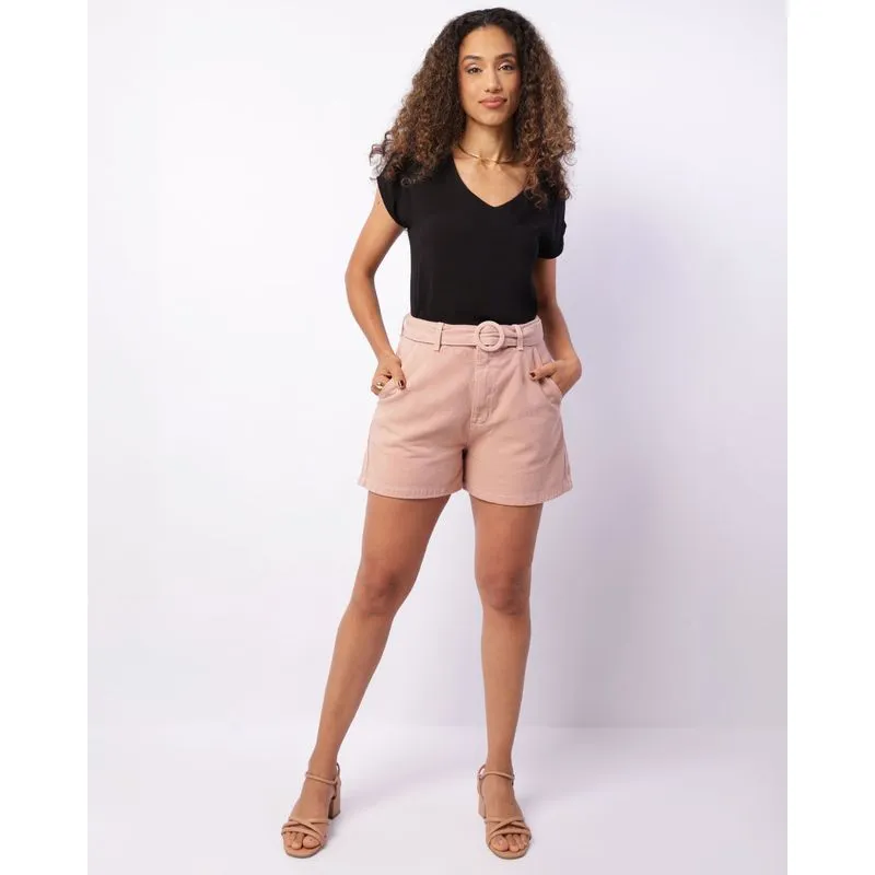Short Sarja Feminino Curto Cinto Rosa 46