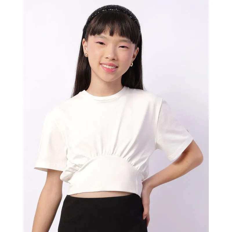 Blusa Juvenil Cropped Manga Curta Recorte Off White 18