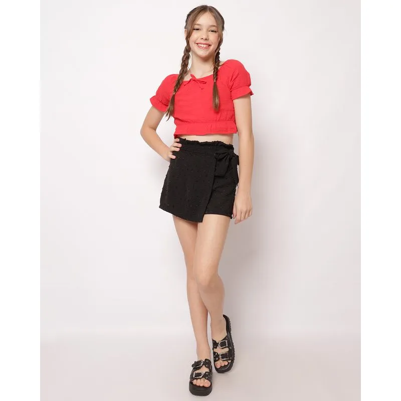 Short Saia Juvenil Curto Texturizado Pipoquinha Preto 10