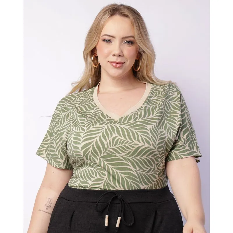 Blusa Plus Size Feminina Viscose Decote V Floral Verde G3