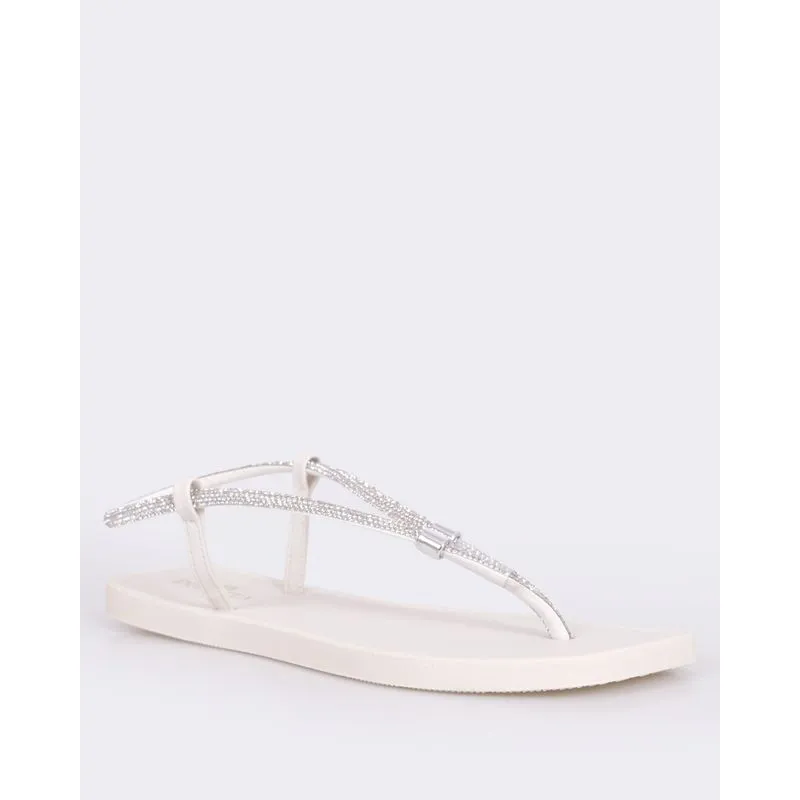Sandália Rasteira Feminina Donatta Tiras Com Strass Off White 33/34