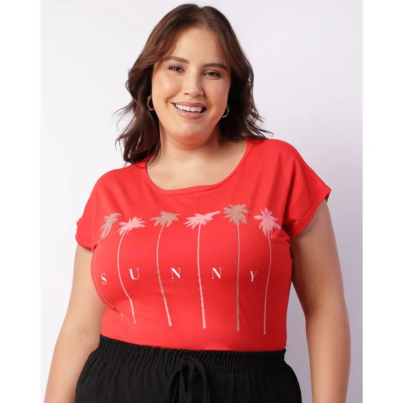 Blusa Plus Size Feminina Manga Curta Estampa Frontal Vermelha G3