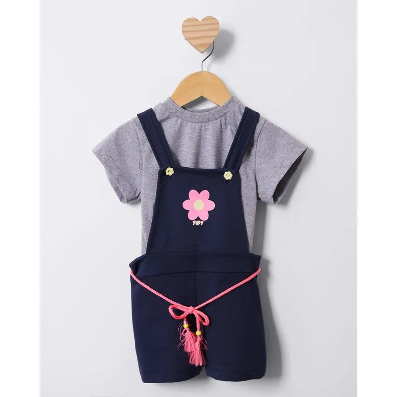 Conjunto Jardineira Bebê Curto Moletinho Estampa Flor Marinho 2