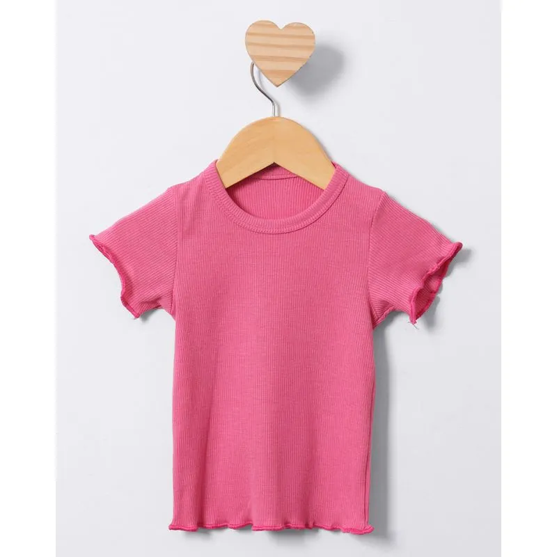 Blusa Bebê Manga Curta Canelada Frufru Rosa 1