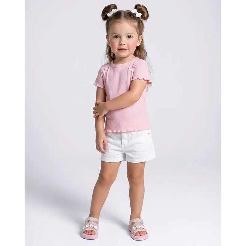 Blusa Bebê Manga Curta Canelada Frufru Rosa 1