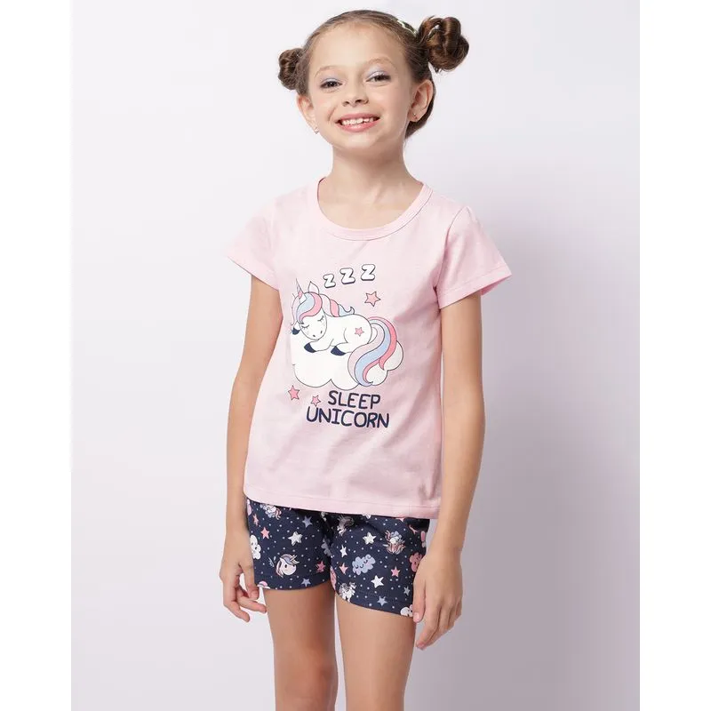 Pijama Infantil Curto Manga Curta Estampa Unicórnio Rosa 8