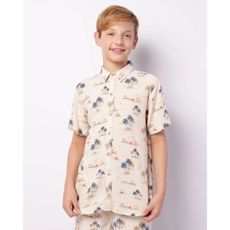 Camisa Juvenil Manga Curta Viscose Estampa Tropical Bege 16