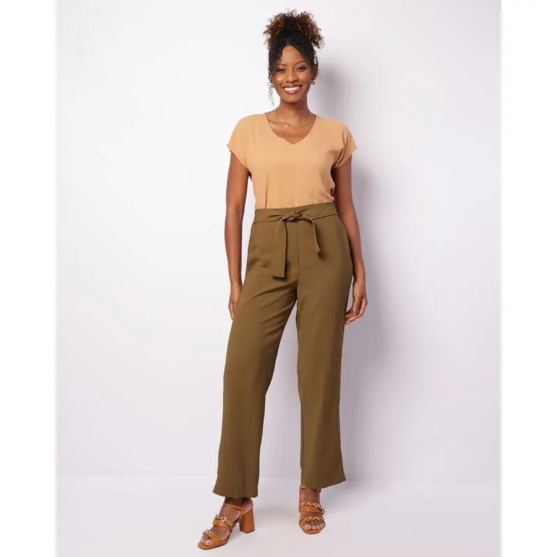 Calça Feminina Berry & Co. Reta Viscose Amarração Verde P