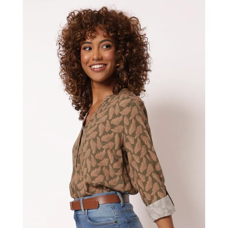 Camisa Feminina Berry & Co. Viscose Estampada Manga Longa Verde M