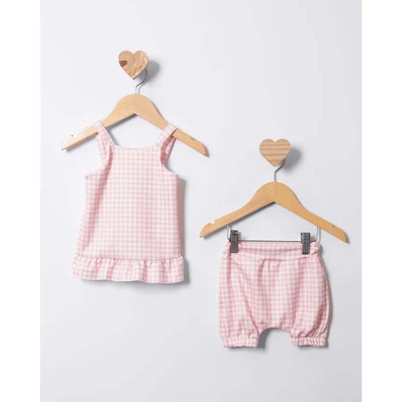 Conjunto Bebê Curto Xadrez Alcinha Recorte Babado Rosa M