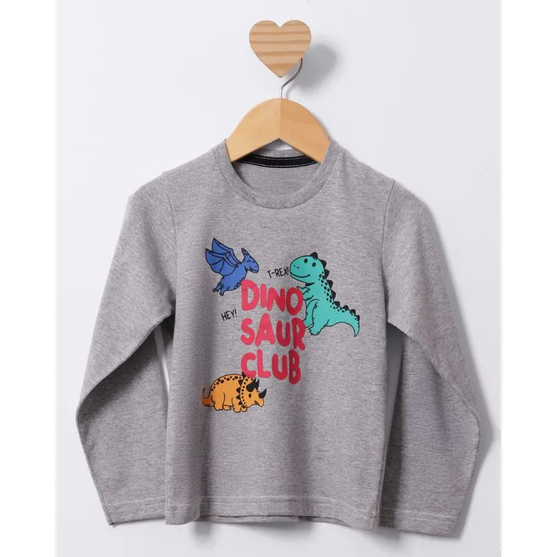Camiseta Bebê Manga Longa Estampa Dinossauro Cinza 1