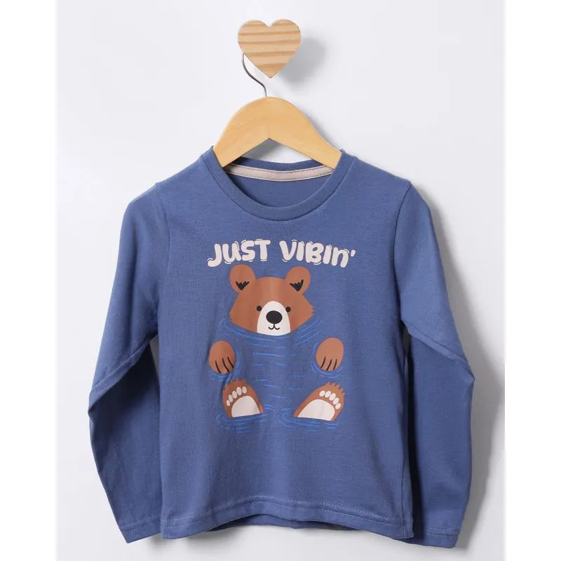 Camiseta Bebê Estampa Frontal Urso Manga Longa Azul 2