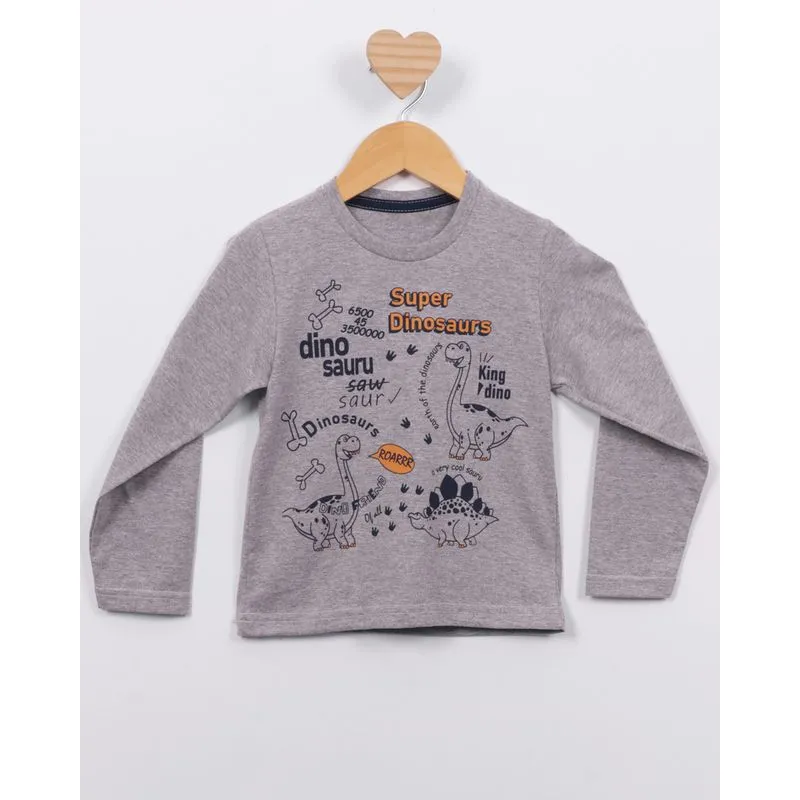 Camiseta Bebê Manga Longa Estampa Dinossauro Cinza 1