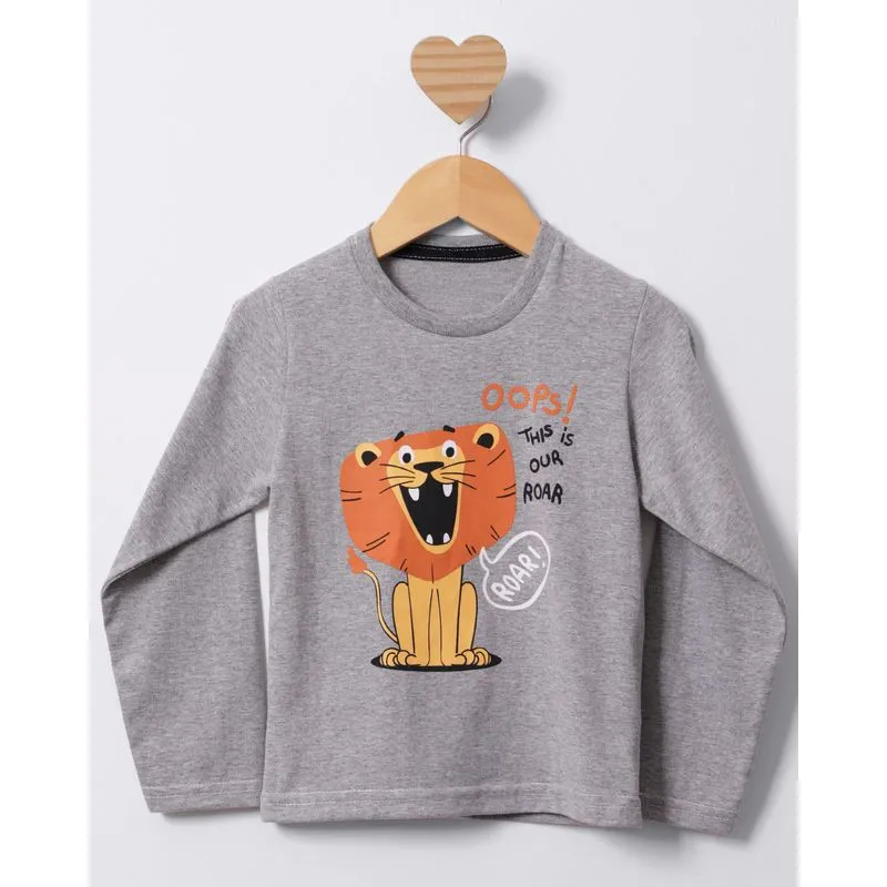 Camiseta Bebê Manga Longa Estampa Leão Cinza 3