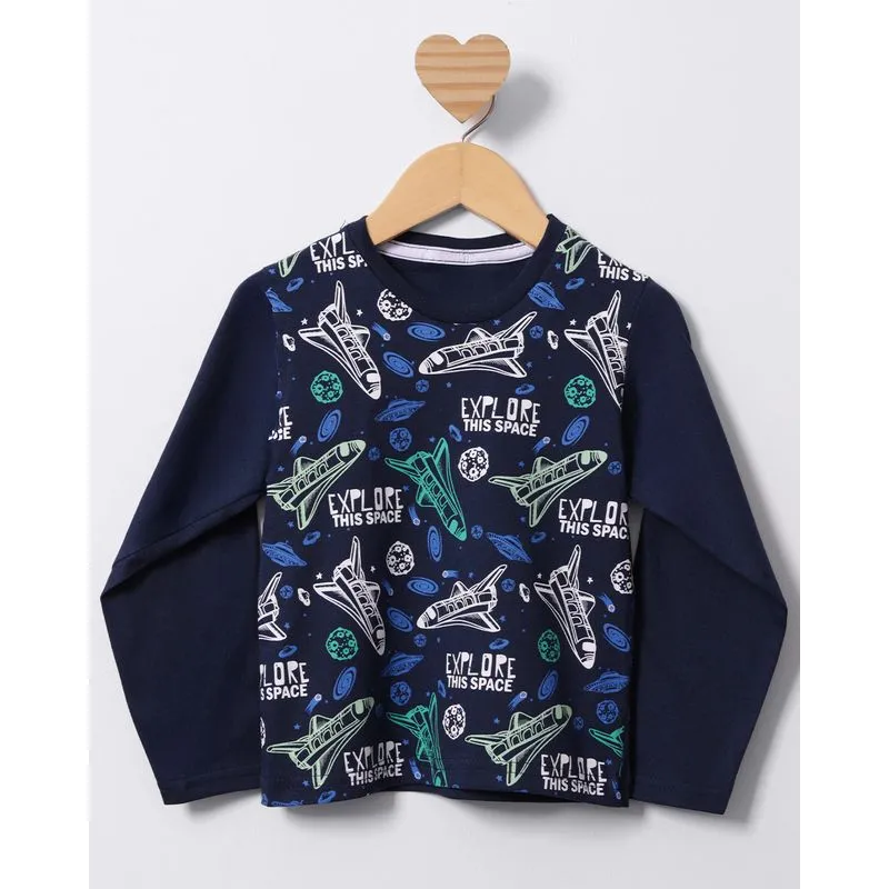 Camiseta Bebê Manga Longa Estampa Espaço Marinho 1
