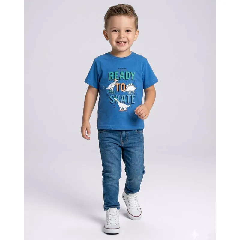 Camiseta Bebê Algodão Dinossauro Manga Curta Azul 3