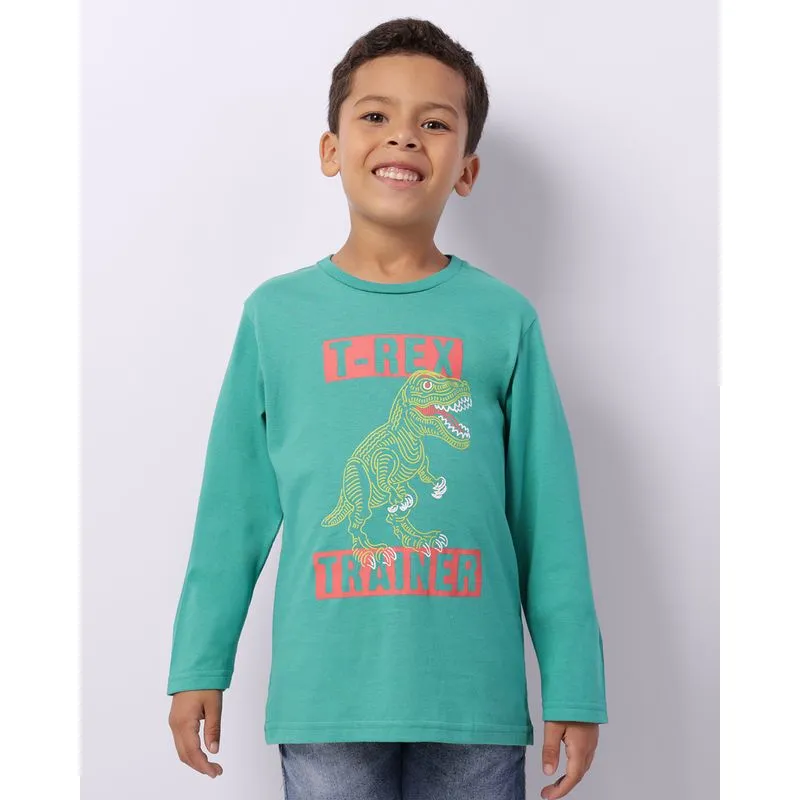 Camiseta Infantil Manga Longa Estampa Dinossauro T-Rex Verde 4