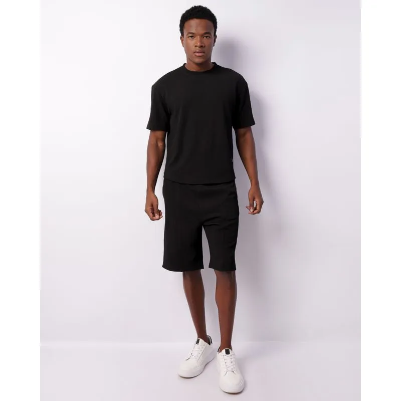 Bermuda Masculina Reta Texturizada Com Bolsos Recortes Preta GG