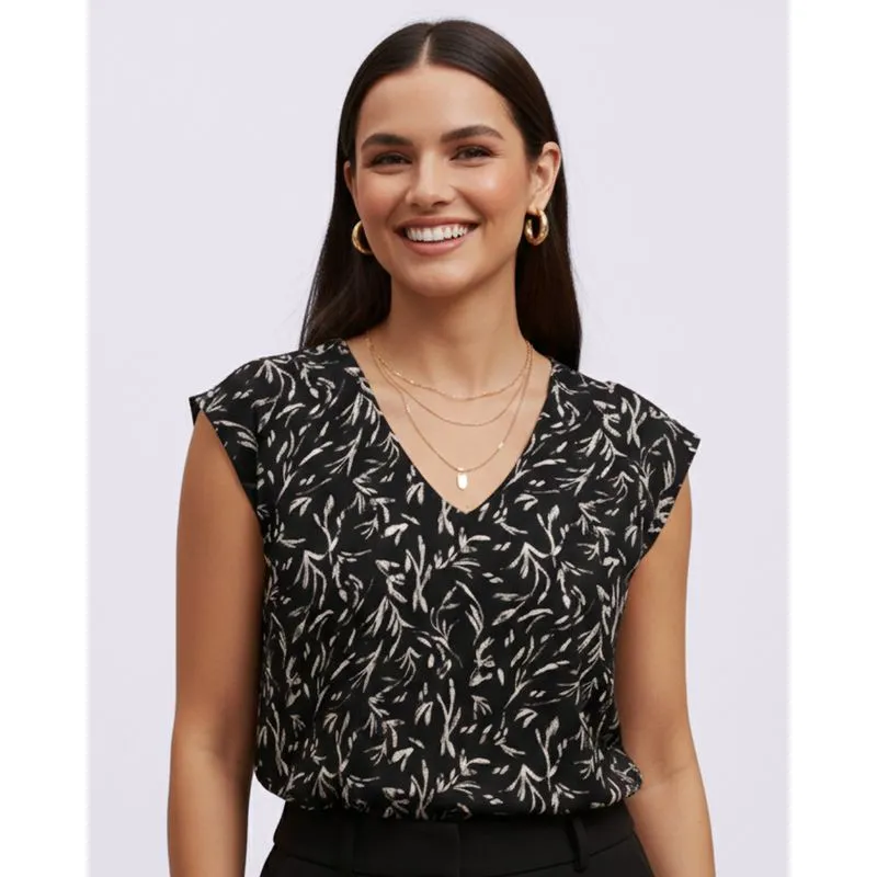 Blusa Feminina Berry & Co. Viscose Manga Curta Estampada Preta G