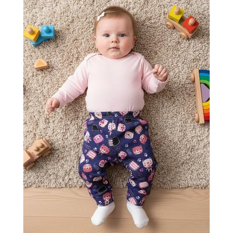 Calça Culote Bebê Com Vira Pé Estampa Sortida Marinho M