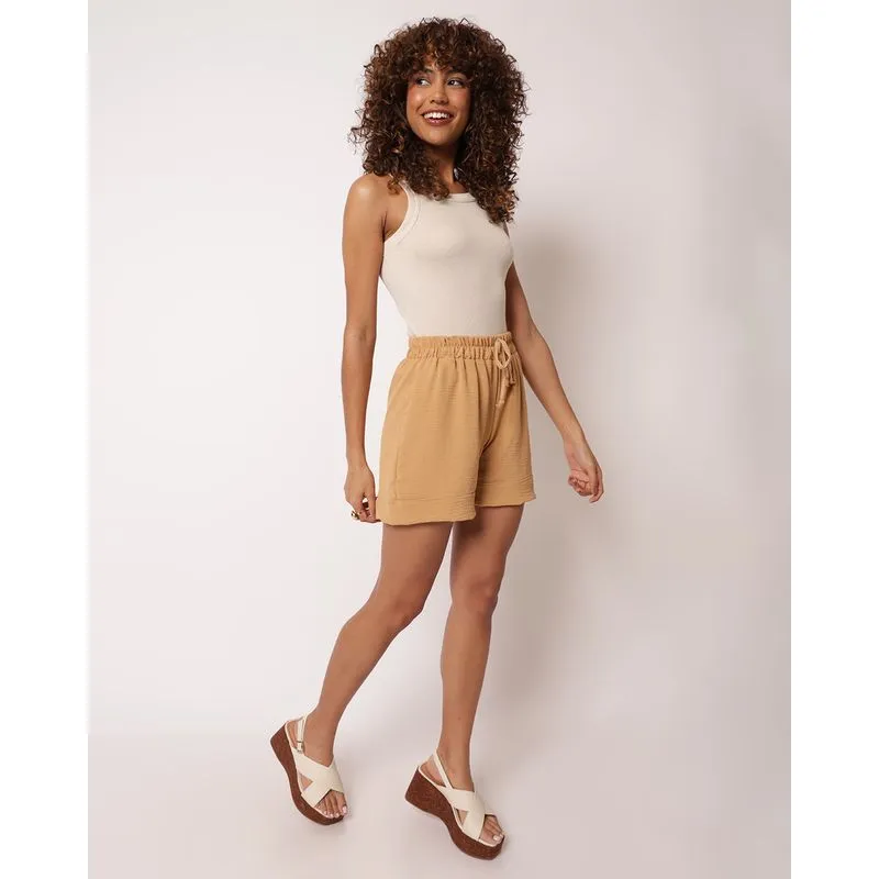 Short Feminino Liso com Barra Dobrada Bege XGG