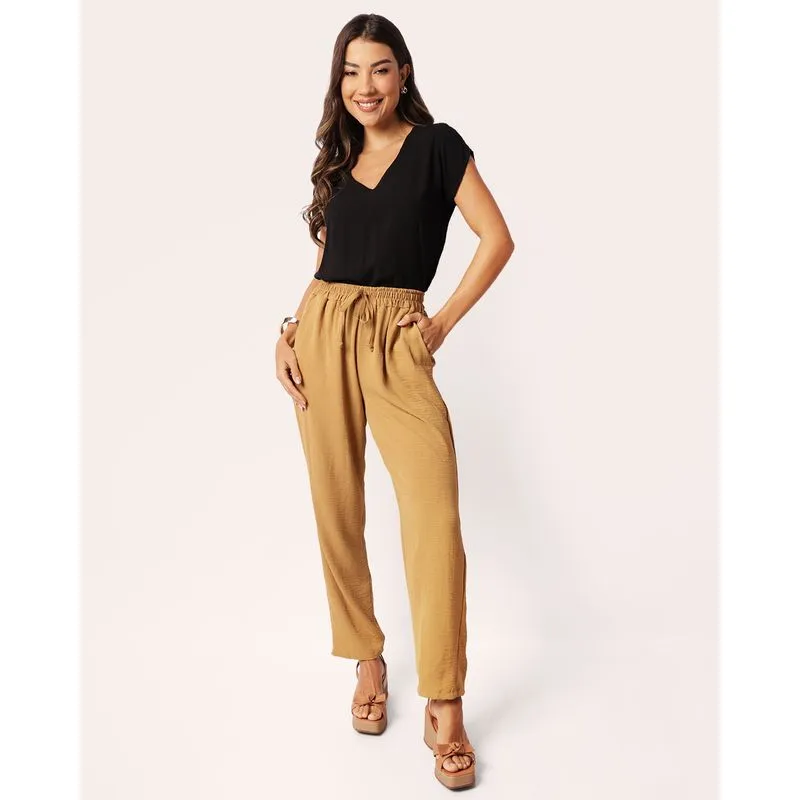 Calça Feminina Reta Com Bolsos Elástico Bege XGG
