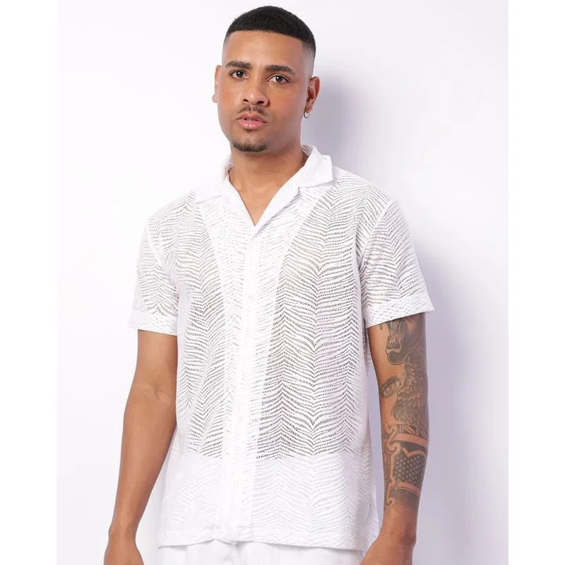 Camisa Masculina Manga Curta Telada Folhagem Branca GG