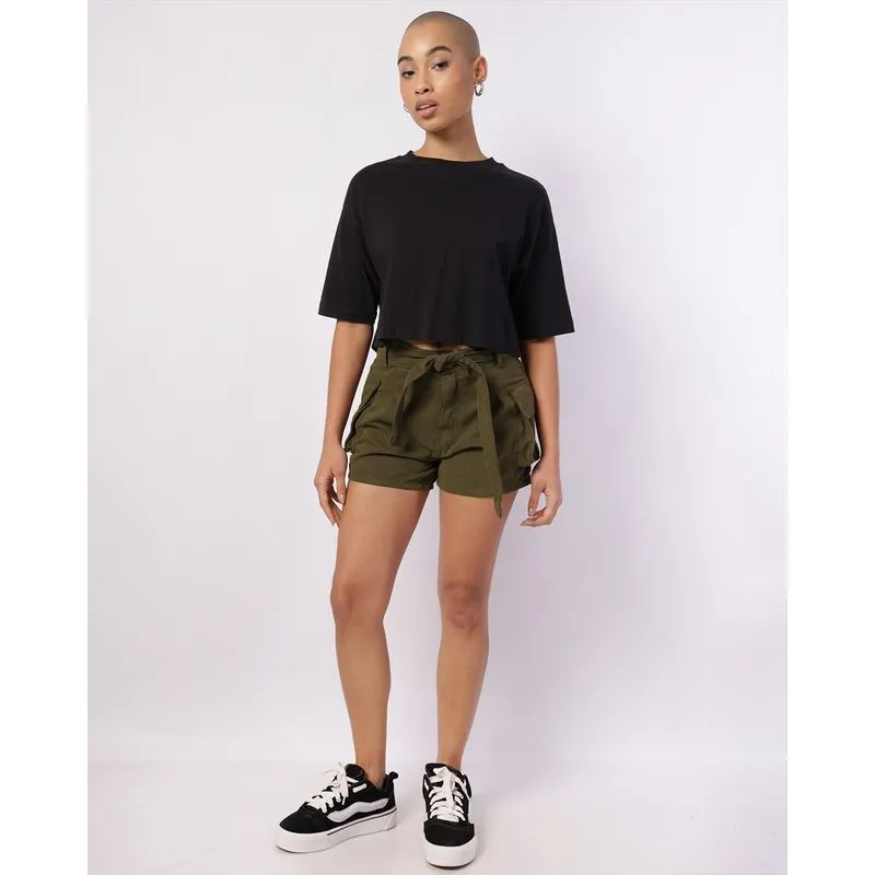 Short Jeans Feminino Algodão Cargo com Cinto Verde 44