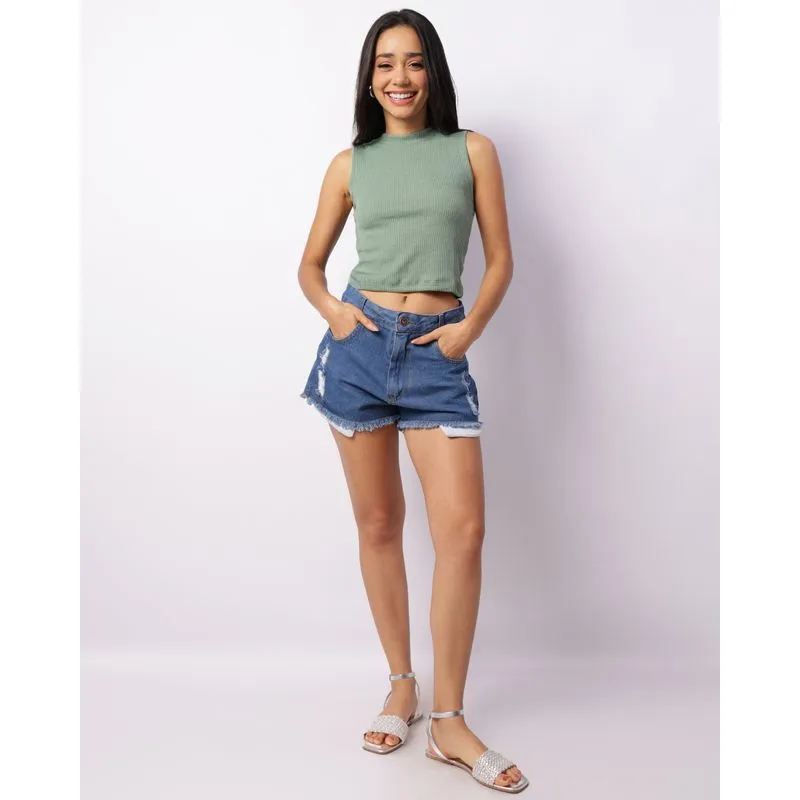 Short Jeans Feminino Curto Destroyed Barra Desfiada Azul 46