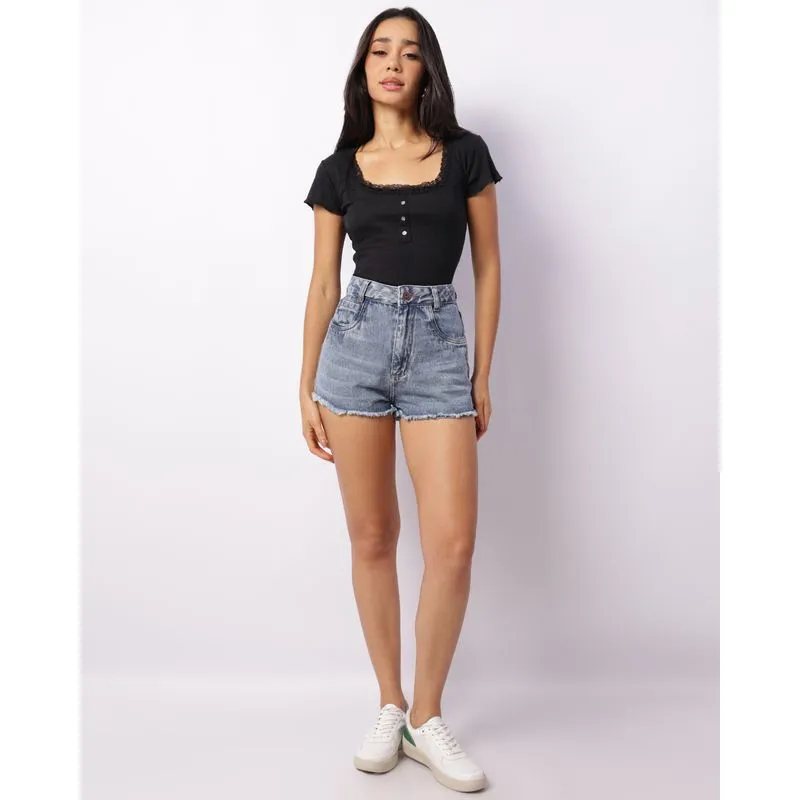 Short Jeans Feminino Curto Marmorizado Barra Desfiada Azul 42
