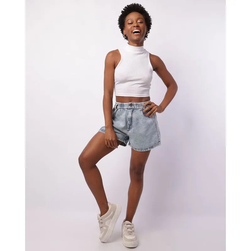 Short Jeans Feminino com Elástico Marmorizado Azul 46