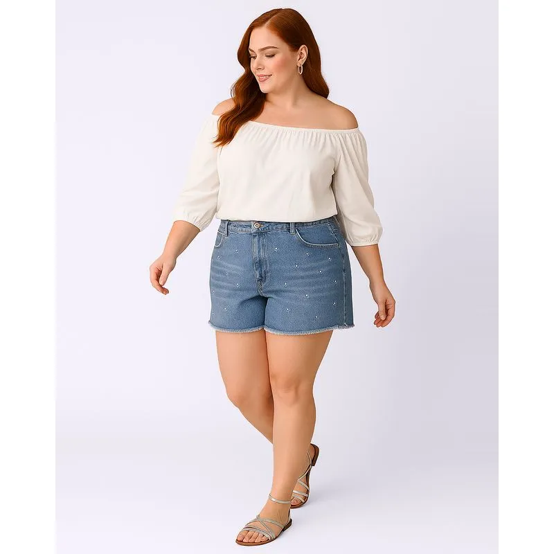 Short Jeans Plus Size Curto Feminino com Strass Azul 48