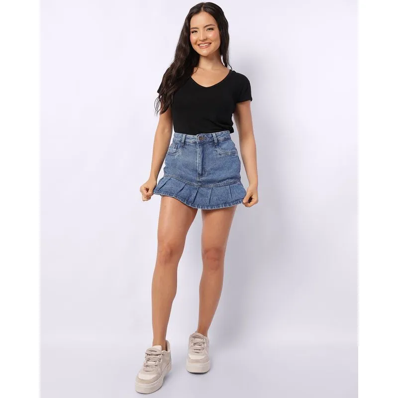 Short Saia Jeans Feminino Bolsos com Babado Azul 46