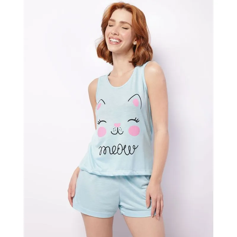 Pijama Regata Feminino Curto Estampa Gatinho Azul M