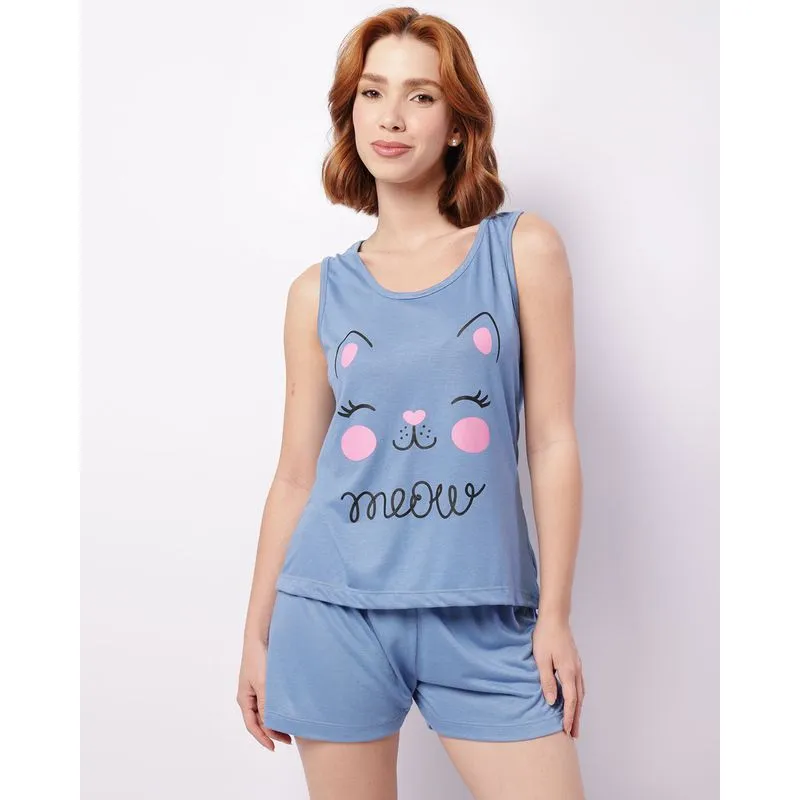 Pijama Feminino Curto Estampa Gatinho Azul P
