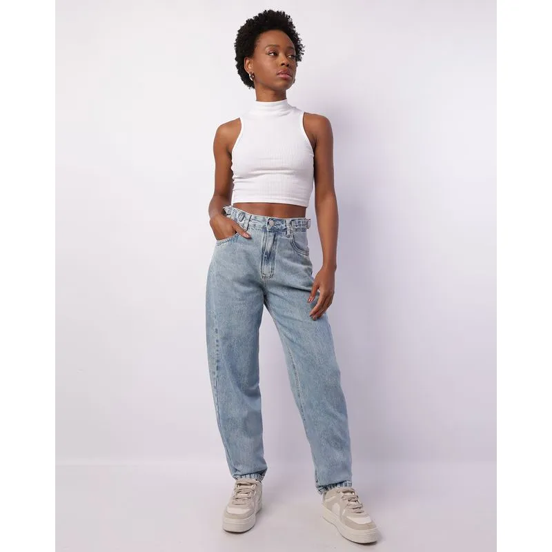 Calça Jeans Feminina Reta Marmorizada com Fivela Azul 44