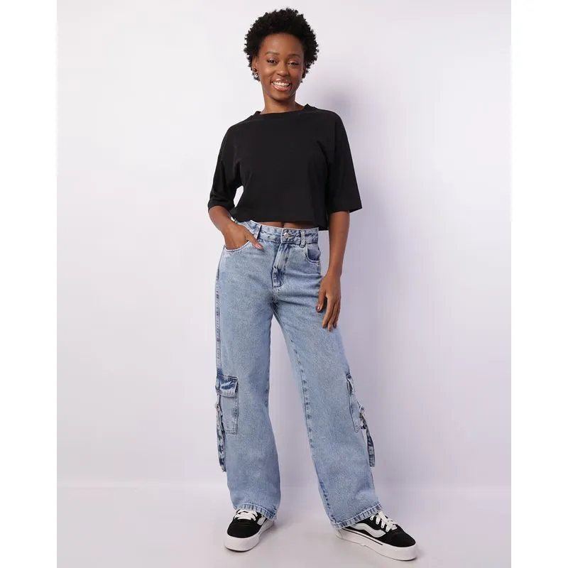 Calça Jeans Feminina Cargo Marmorizada Azul 44