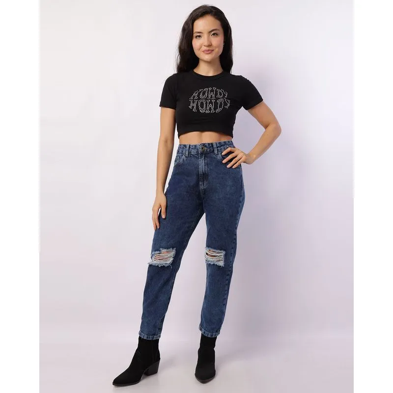 Calça Jeans Feminina Mom Destroyed Azul 36